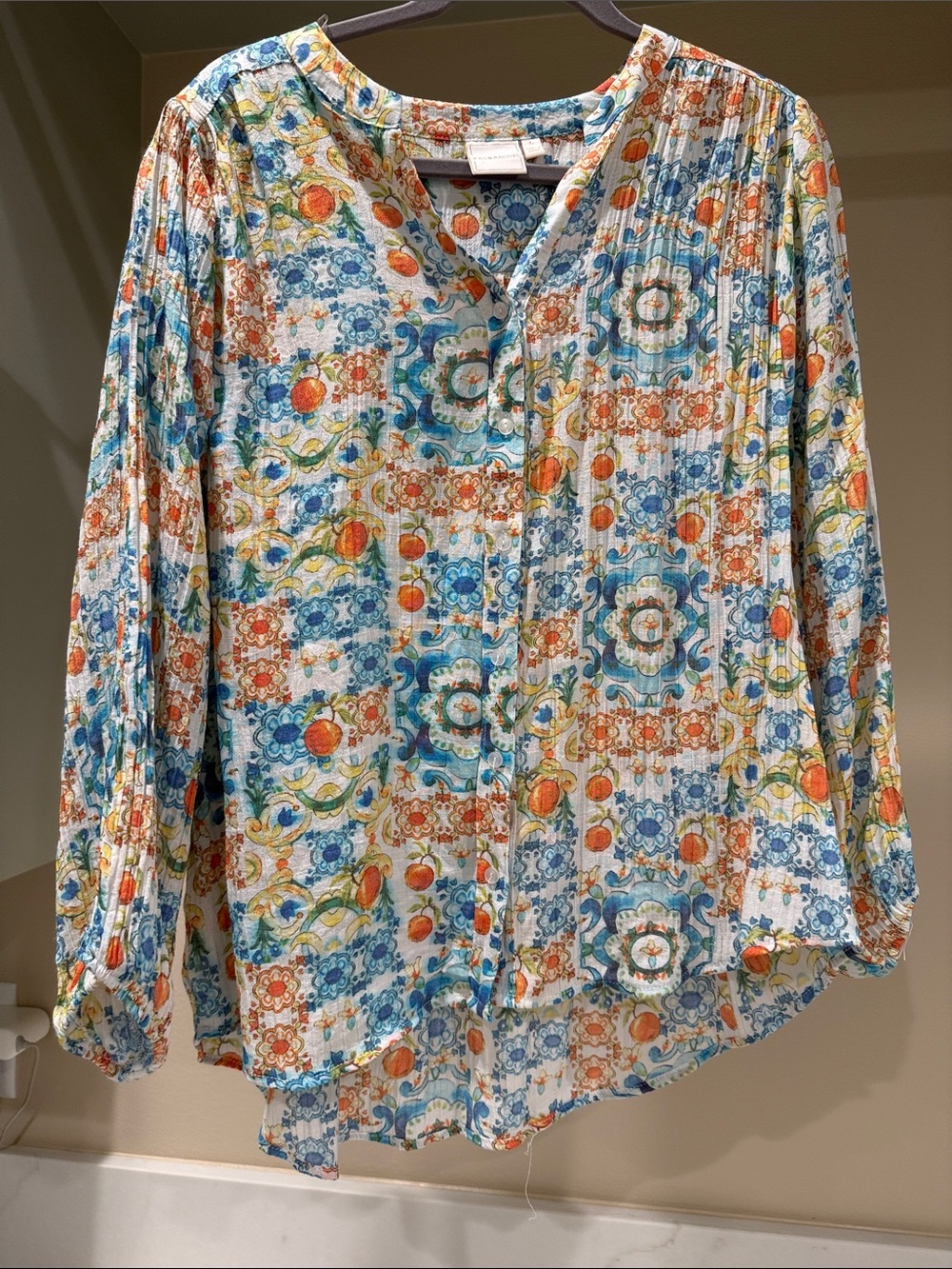 Zac & Rachel Blue and Orange Mosaic Tile Button-Front Blouse